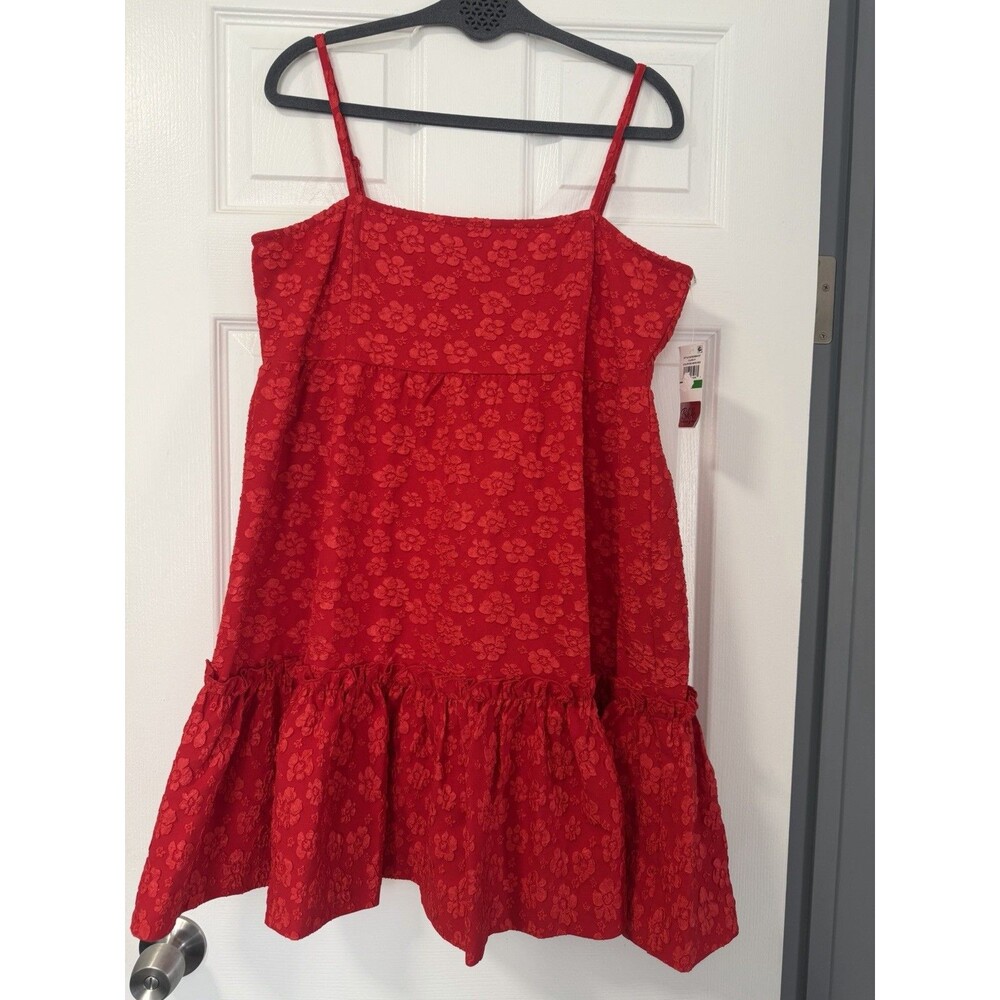 CeCe Womens L Mars Red Floral Jacquard Mini Dress Tiered Ruffle NWT